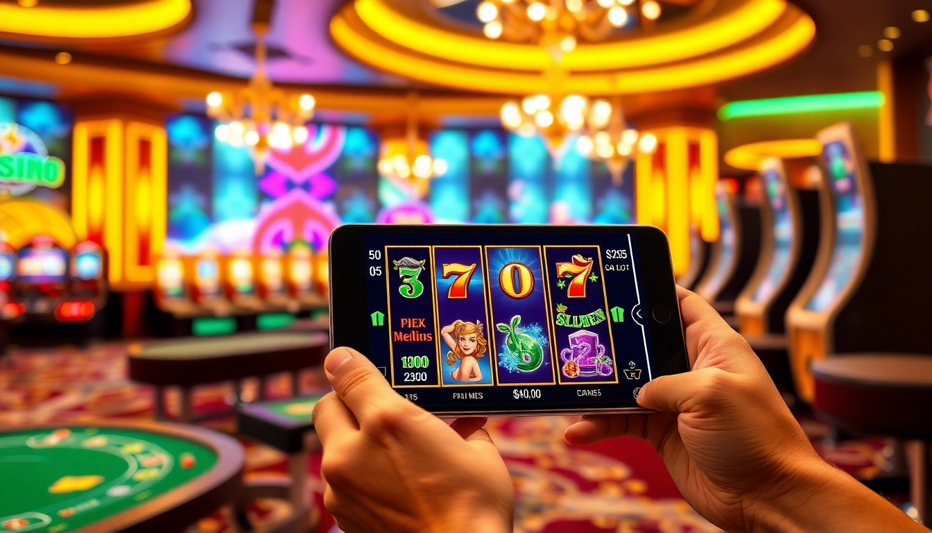 Engage with PG slot games on a sleek mobile device in a luxurious casino atmosphere.