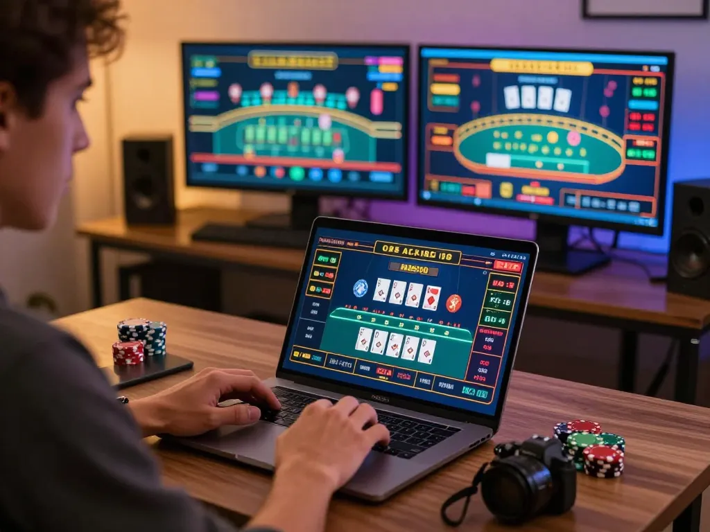 Engaging online baccarat gaming setup featuring a player immersed in a stylish home office, showcasing baccarat tables and graphics.