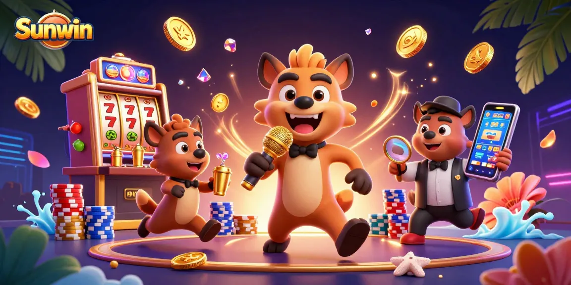 Sunwin casino scene featuring lively hyenas performing as a bartender and comedian surrounded by slot machine action.