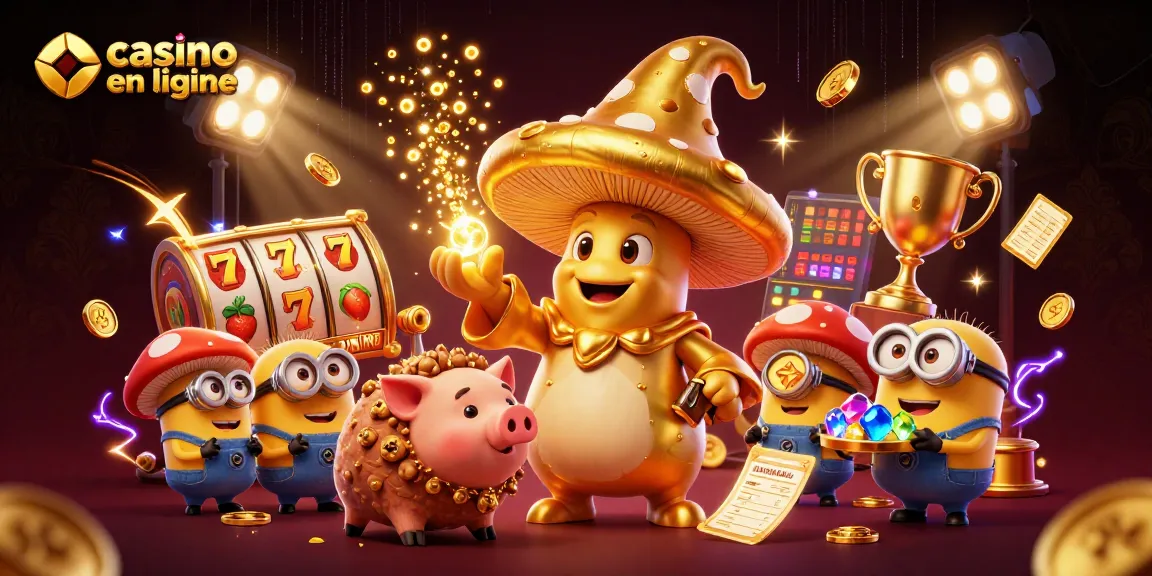 Illustration dynamique d'un casino en ligne avec un magicien champignon et des éléments de jeu, dont des machines à sous et des jetons d'or.