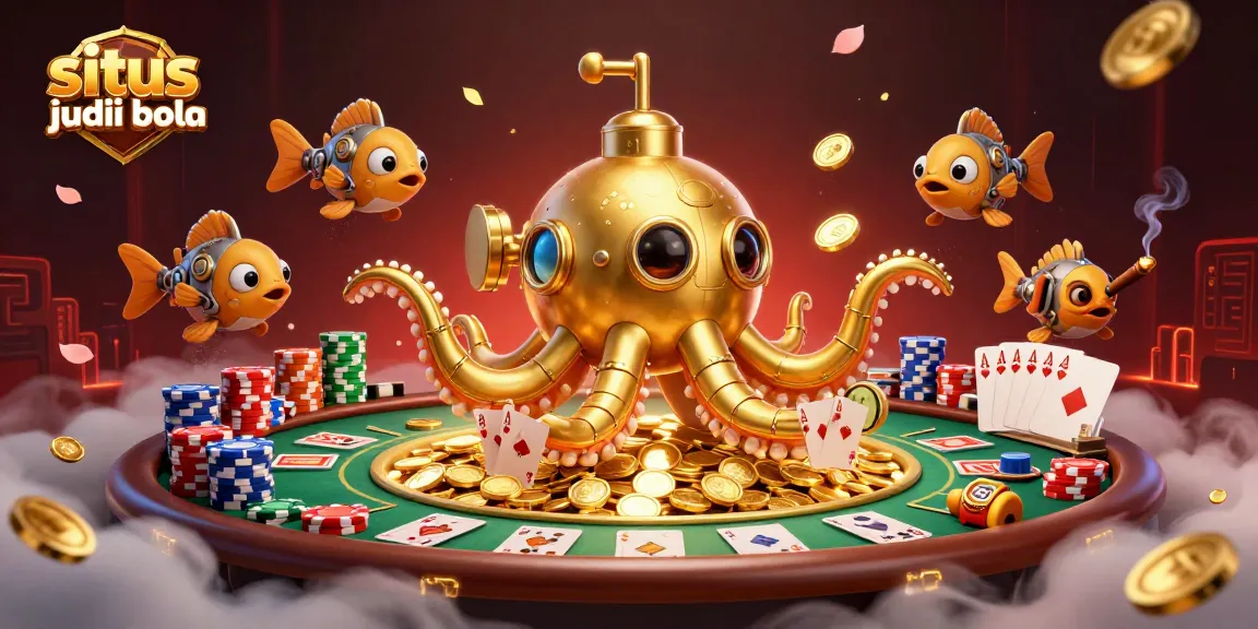 Engage in situs judi bola with a visually captivating 3D scene of golden kraken and poker elements.