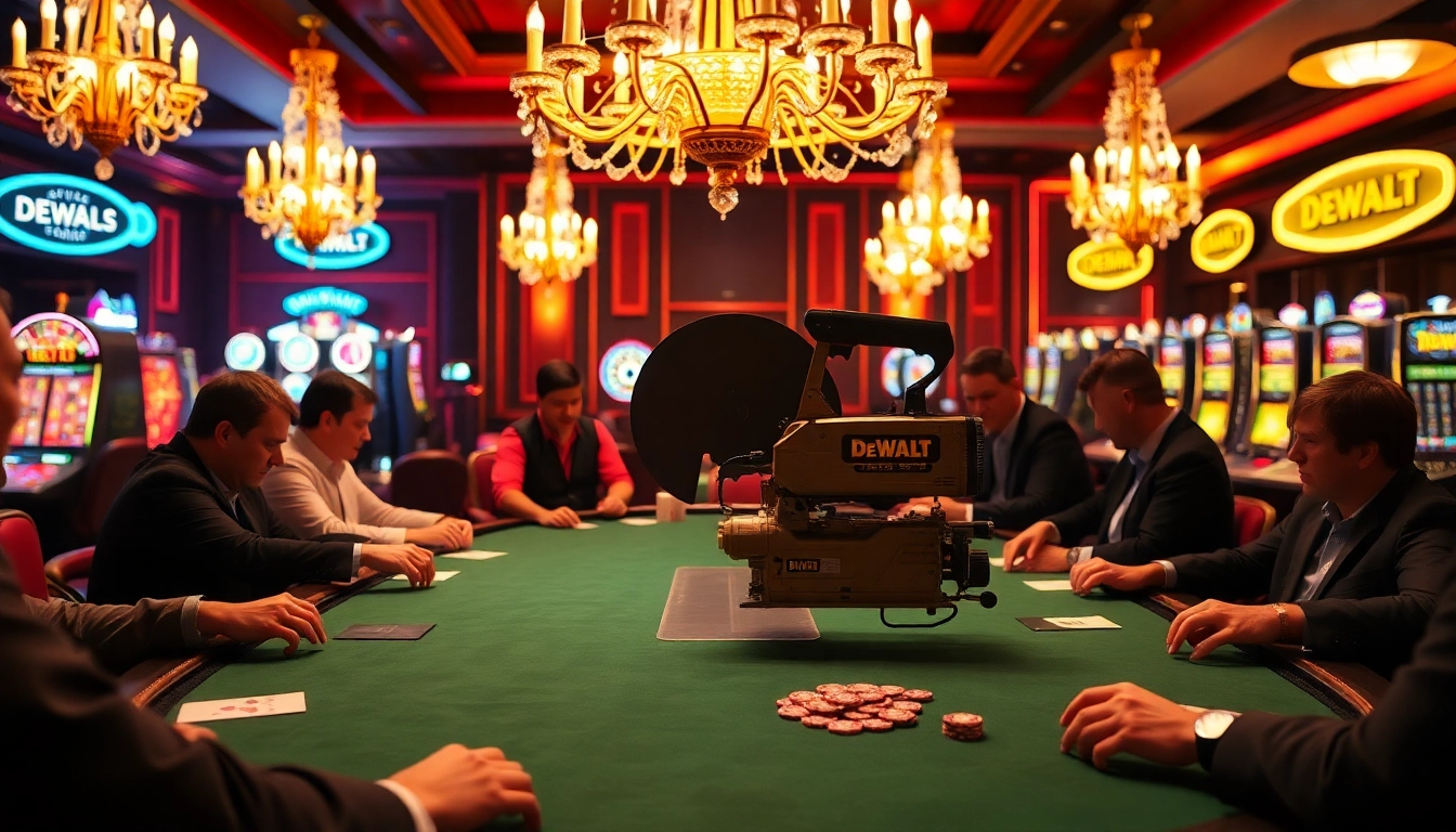 Experience the precision of DeWalt band saw cutting through wood in a dynamic casino setting.
