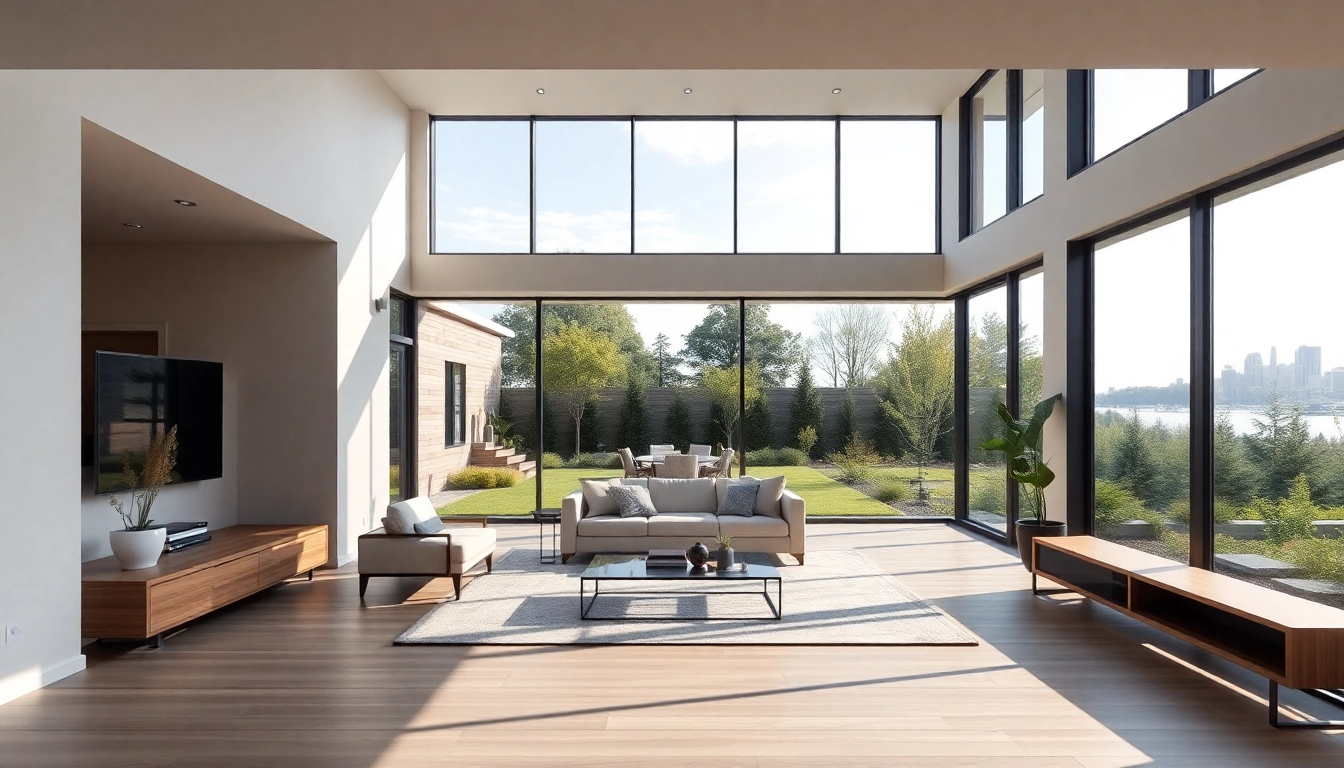 Residential architectural services Boston design showcasing a sleek modern home amidst landscaped gardens.