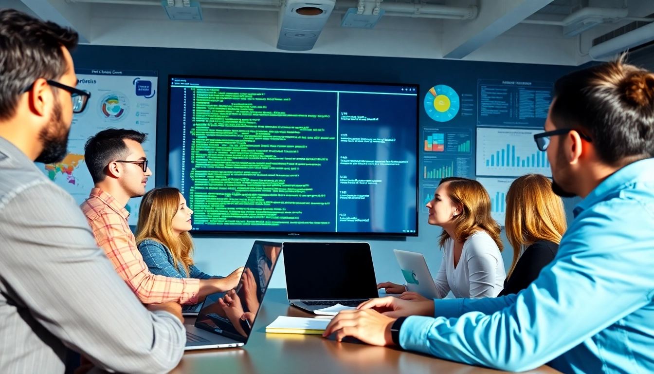 Web development company team collaborating on innovative projects in a modern workspace.
