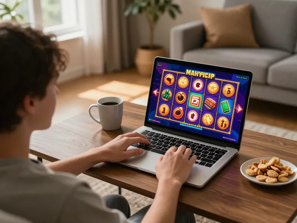 Engaging demo of Mahjong slot game on laptop screen in a cozy gaming setup.