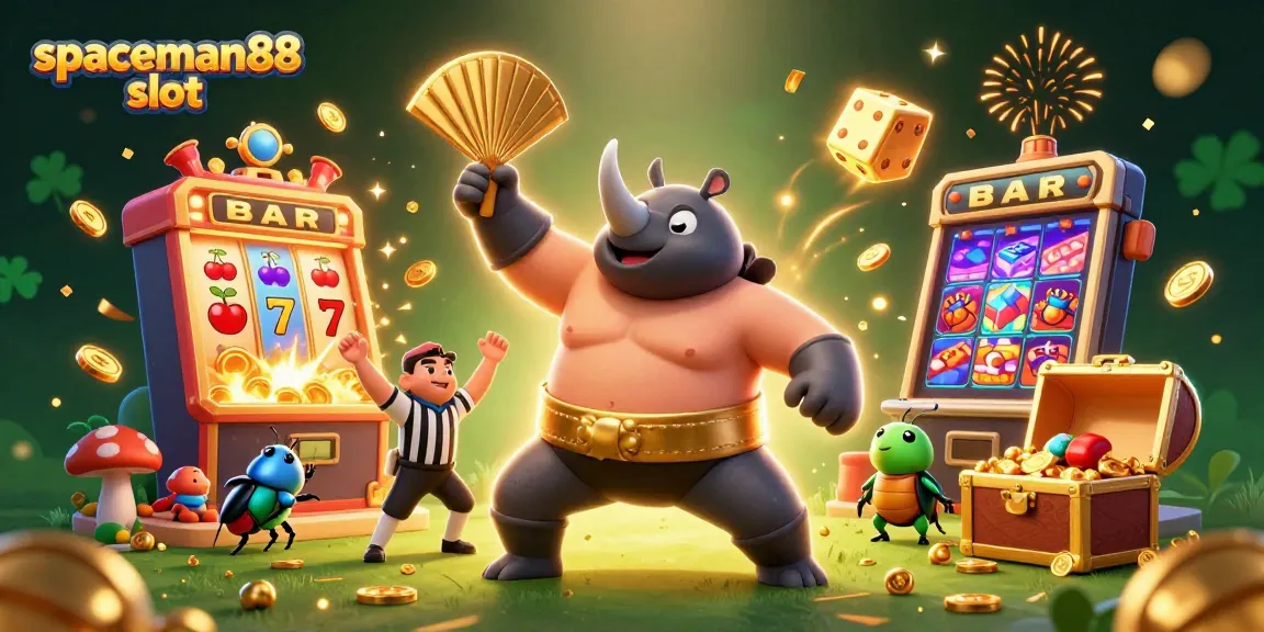 Exciting scene of spaceman88 slot gameplay with a sumo champion beetle and jackpot elements for a vibrant casino atmosphere.
