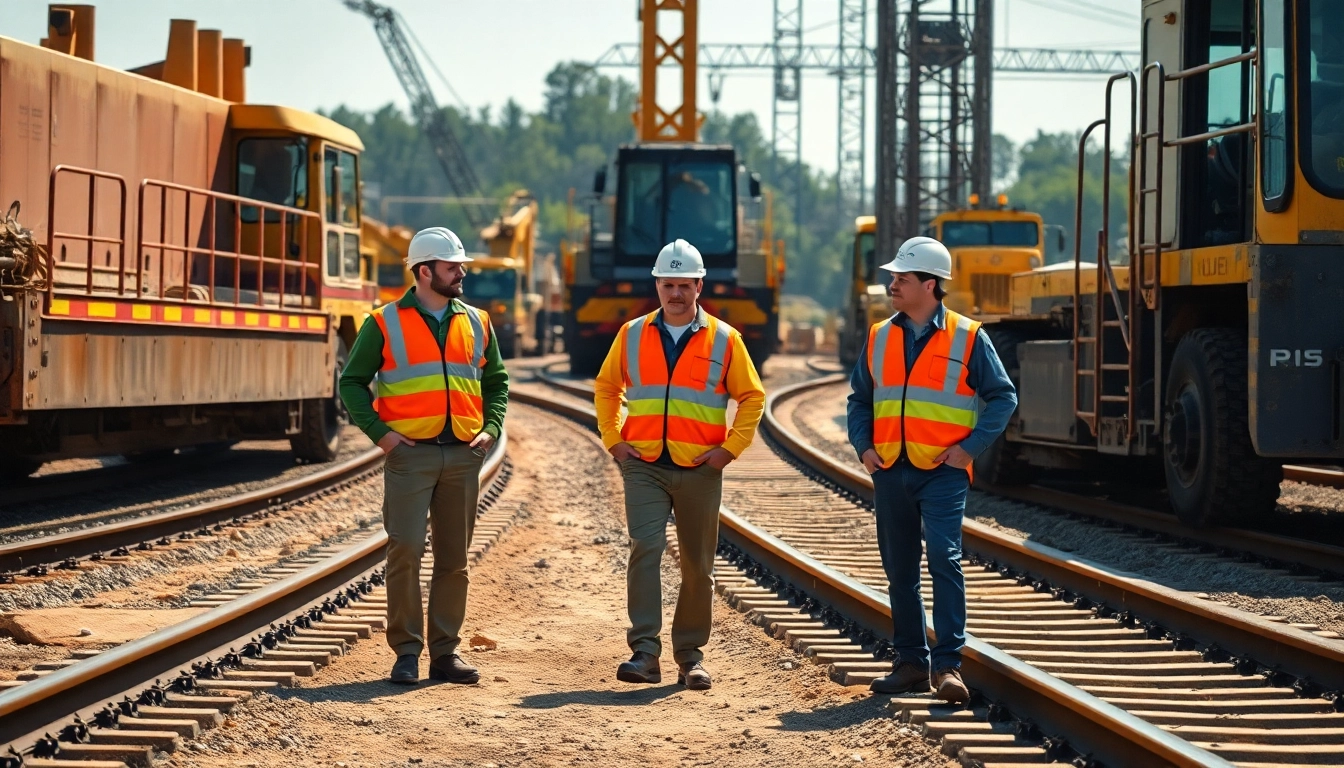 Railroad Contractors USA inspecting a construction site with machinery and tracks.