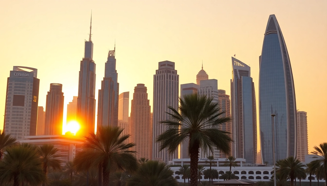 Showcase of Dubai skyline representing Citylifedubai.com with iconic buildings and palm trees.