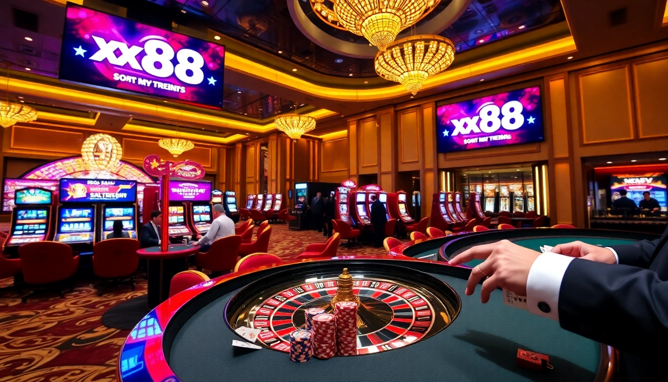 Experience high-stakes gaming at xx88 with vibrant casino tables and thrilling slot machines.