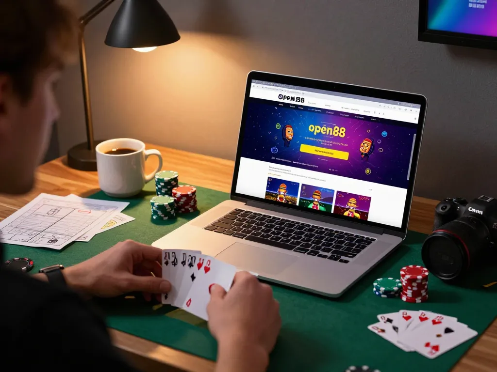 Engaging player enjoying online gaming experience at open88 casino platform with clear screen and cozy setup