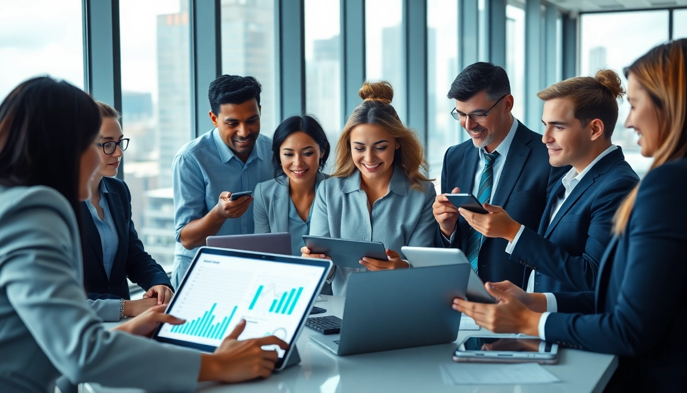 Engaged team collaborating using an enterprise search engine in a modern workspace.