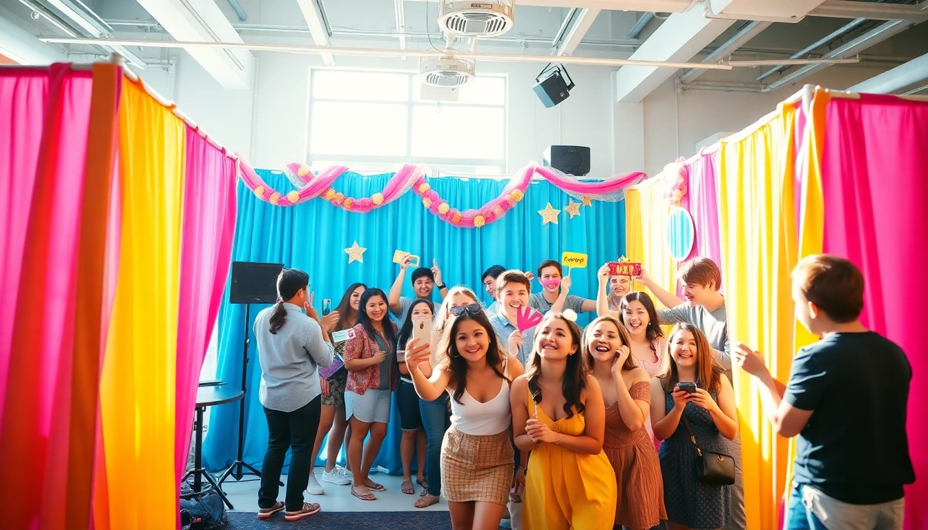 Guests enjoying a lively photo booth rental with colorful props and background.
