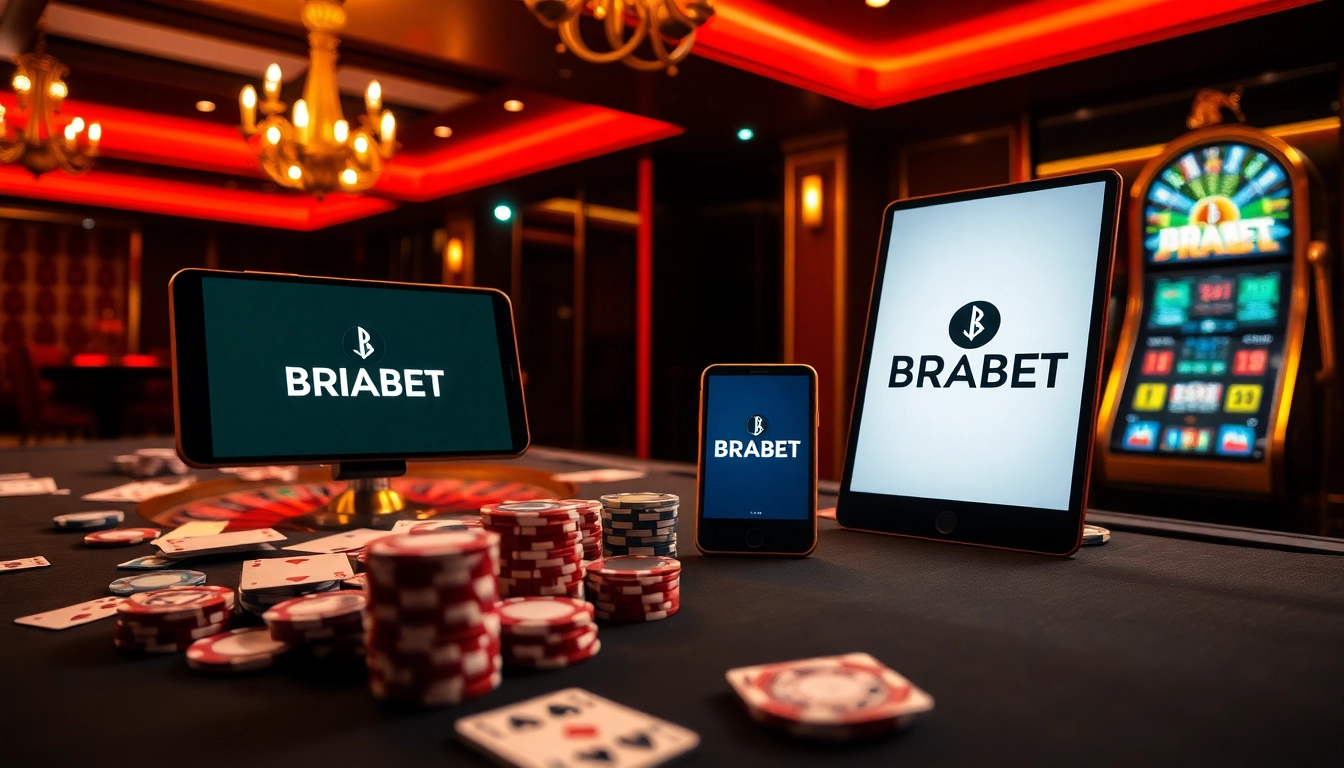 Experience excitement at BRABET with a luxurious casino scene showcasing online gambling elements.