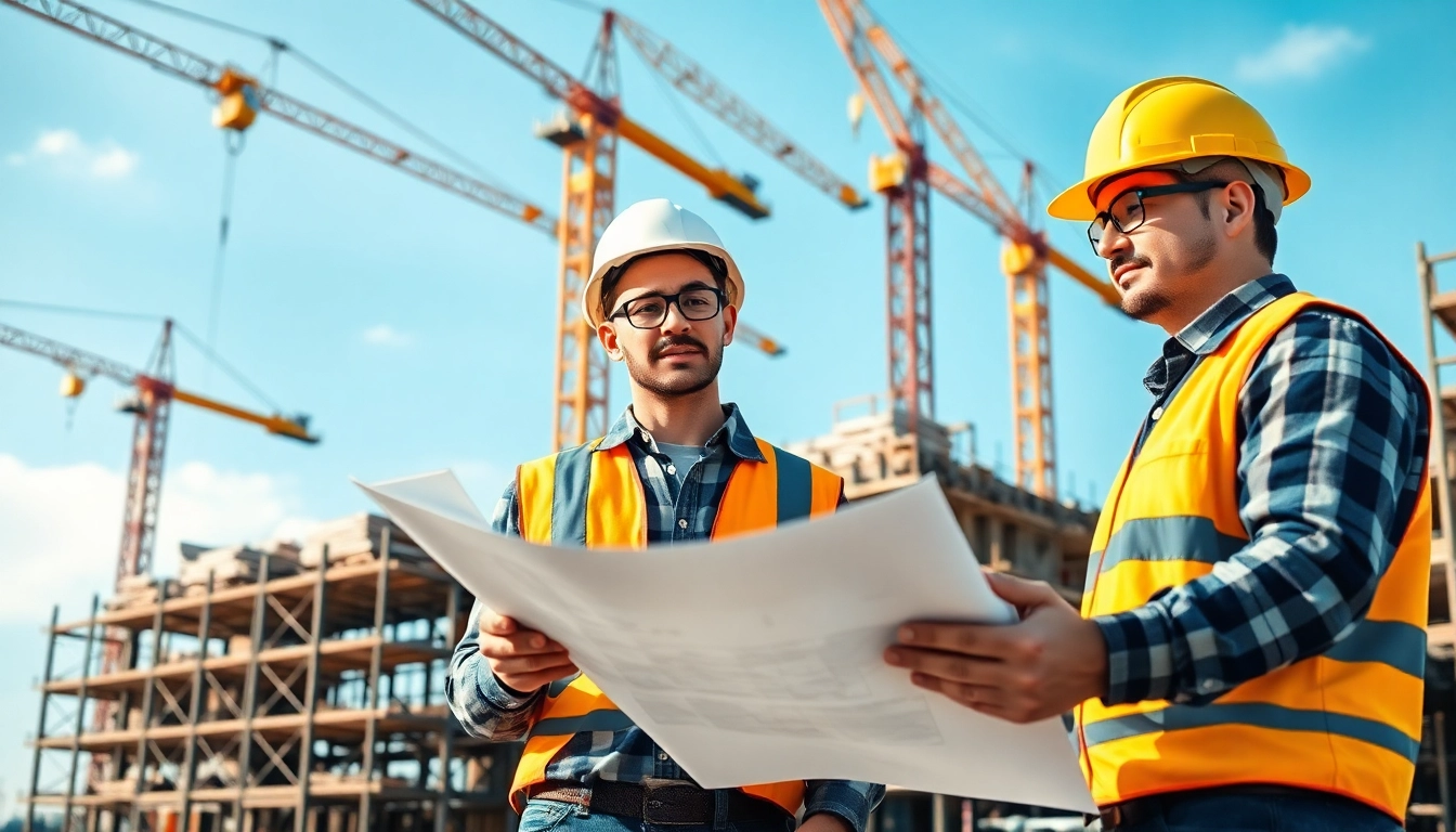 Construction workers discussing plans, showcasing careers in construction on a busy site.
