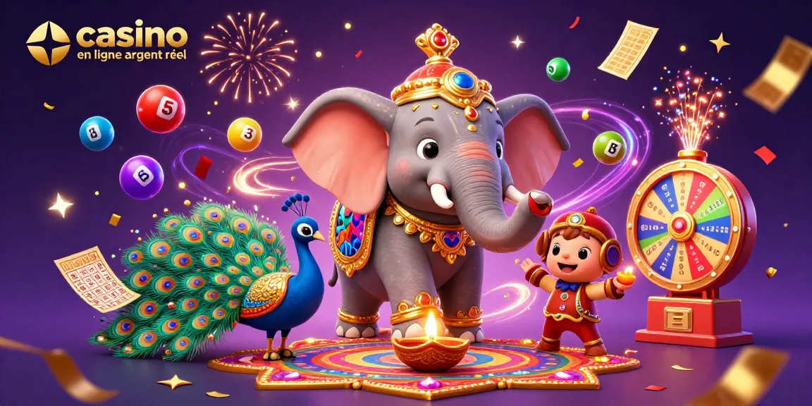 Plongez dans l'univers du casino en ligne argent réel avec un éléphant en décor diwali et des éléments de jeu colorés.