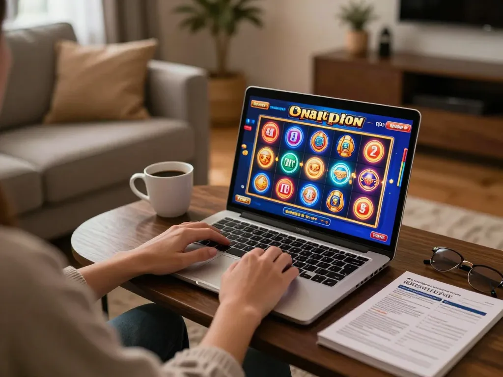 Engaging online gambling session featuring giường bệnh nhân with spinning slots and cozy home atmosphere