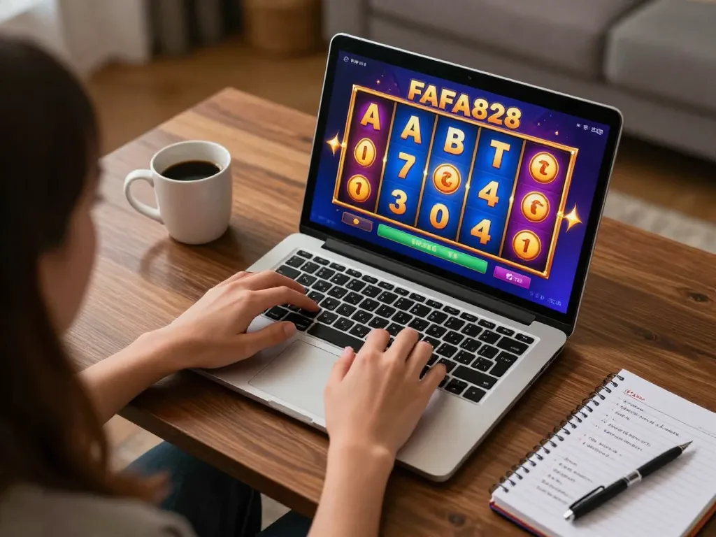 Engaging in FAFA828 slot gameplay on a laptop while enjoying a cozy home setting, showcasing a strategic approach to online gambling.