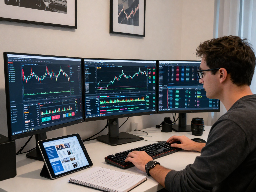 Trader analyzing MetaTrader 5 on multiple screens in a modern workspace.
