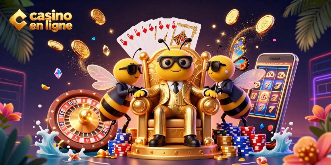 Une illustration dynamique représentant un casino en ligne avec des personnages animés, des éléments de jeu et des pièces d'or.