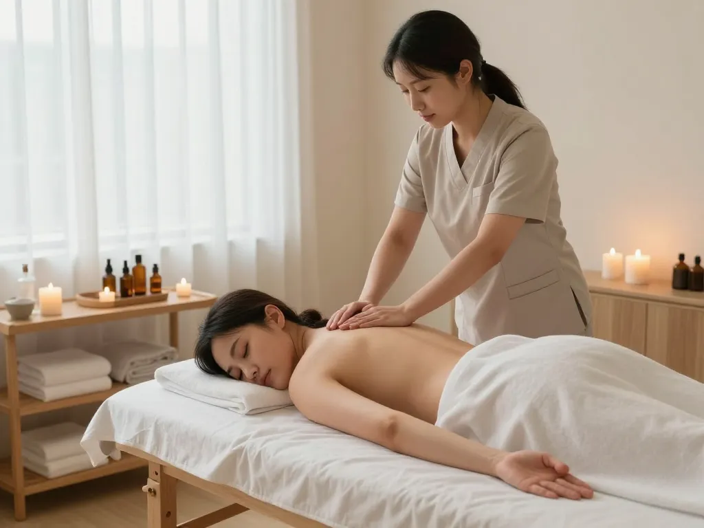 Client receiving a calming 논현동마사지 in a serene spa environment with soft lighting.