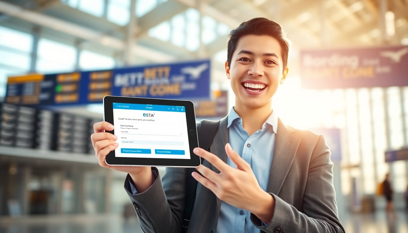 Traveler completing the esta application process at the airport terminal.