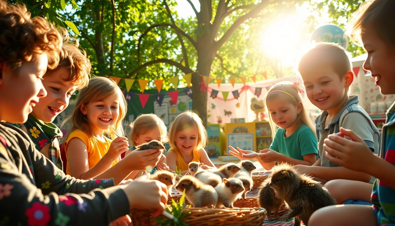 Children engaging in fun activities at animal summer camps for kids outdoors, surrounded by nature.