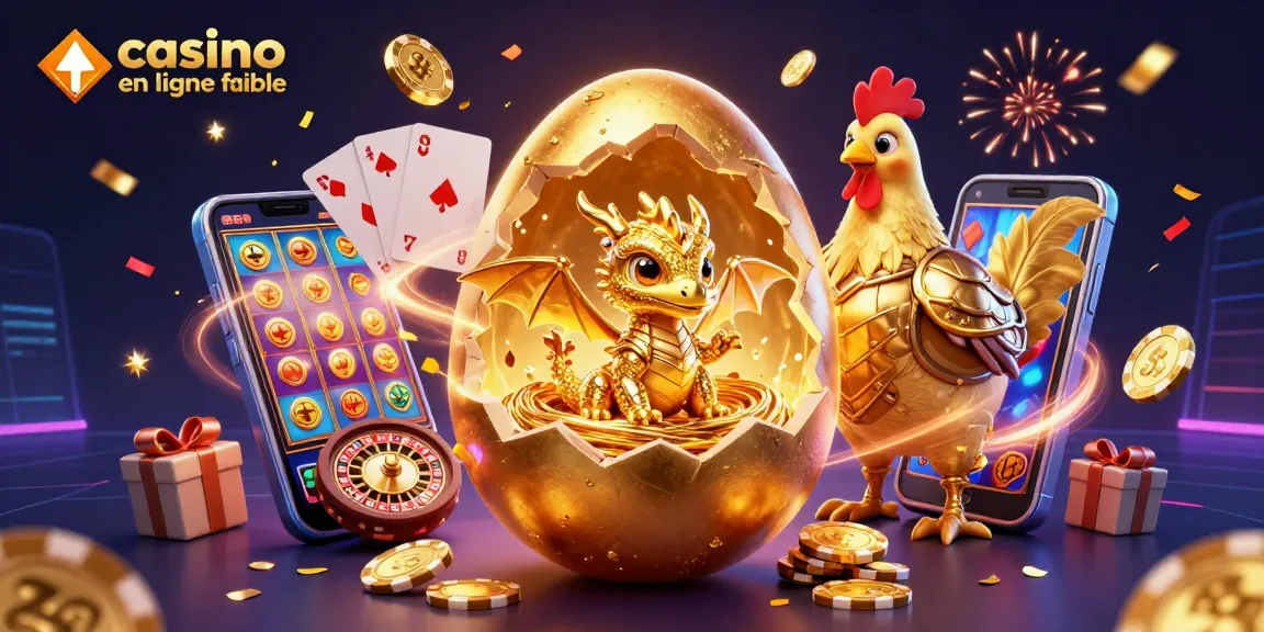 Jouer sur un casino en ligne fiable, où un dragon en or surgit d'un œuf, entouré de jetons et de jeux.