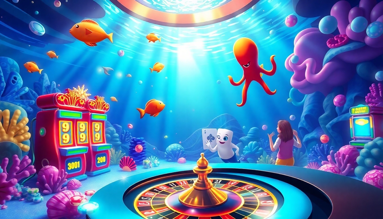 Bắn cá đổi thưởng in an animated underwater casino, with vibrant sea creatures and colorful gaming elements.