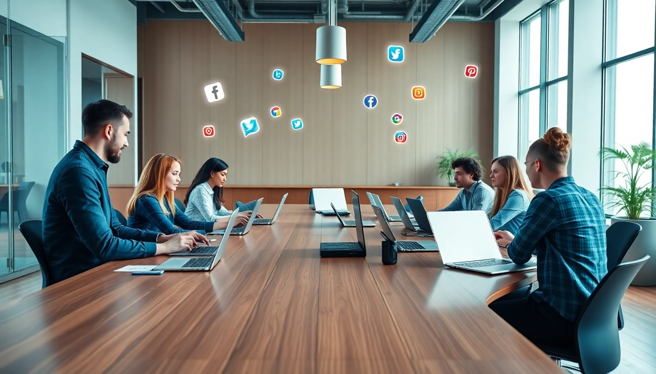 Engaged team collaborating on strategies at a social media agency in a modern workspace.