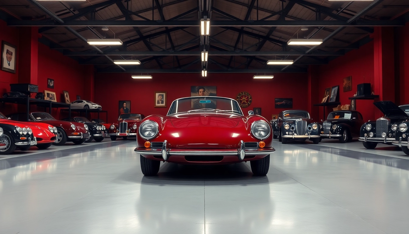 Classic car storage facility showcasing polished vintage vehicles with elegant design.