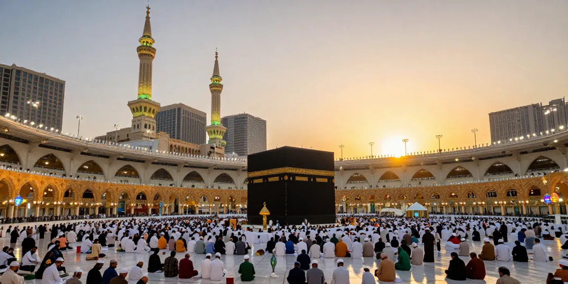 A beautiful view of Umroh Ramadhan, showcasing pilgrims at the holy sites in Makkah and Madinah, capturing a unique travel experience.