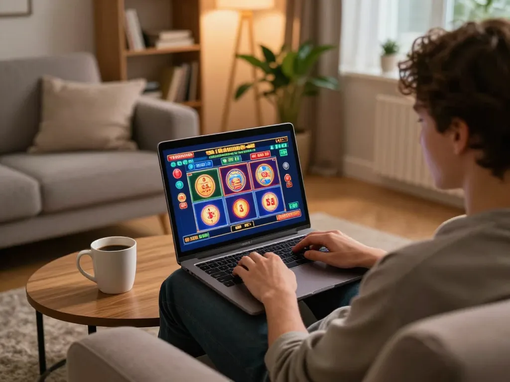 Engaging online slot gaming experience at https://www.atqvn.com/ in a cozy home environment with warm lighting.
