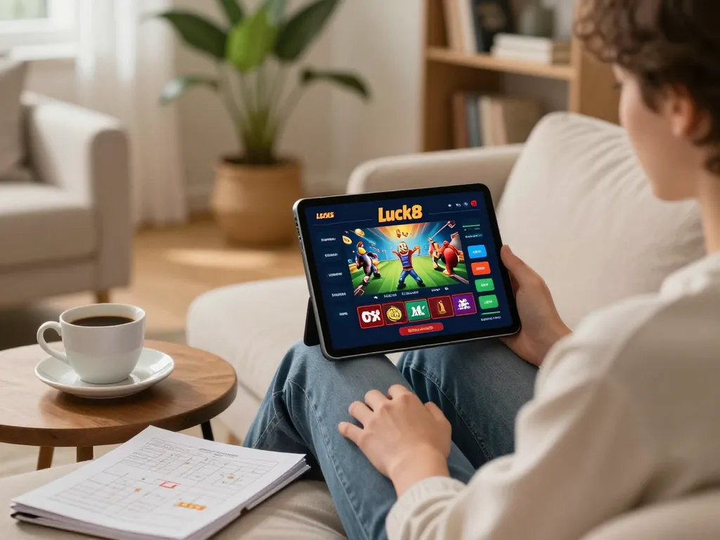 Engaging in responsible online gaming with luck8 on tablet in a cozy living room.