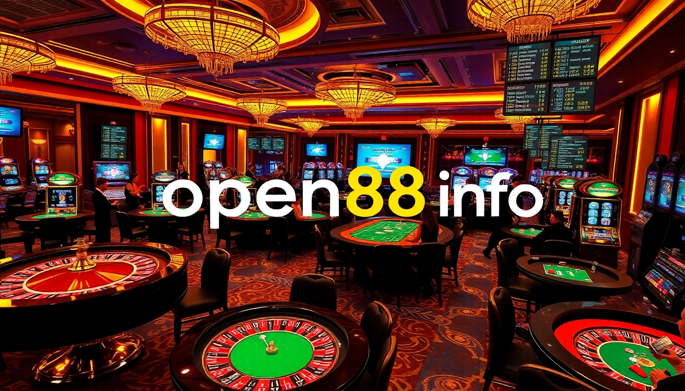 Vibrant casino gaming floor with roulette wheels and slot machines showcasing open88 info.