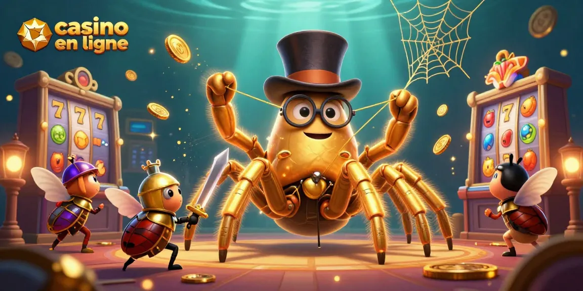 Explorez les émotions du casino en ligne avec une tarentule dorée et un chevalier, entourés de jeux de casino.