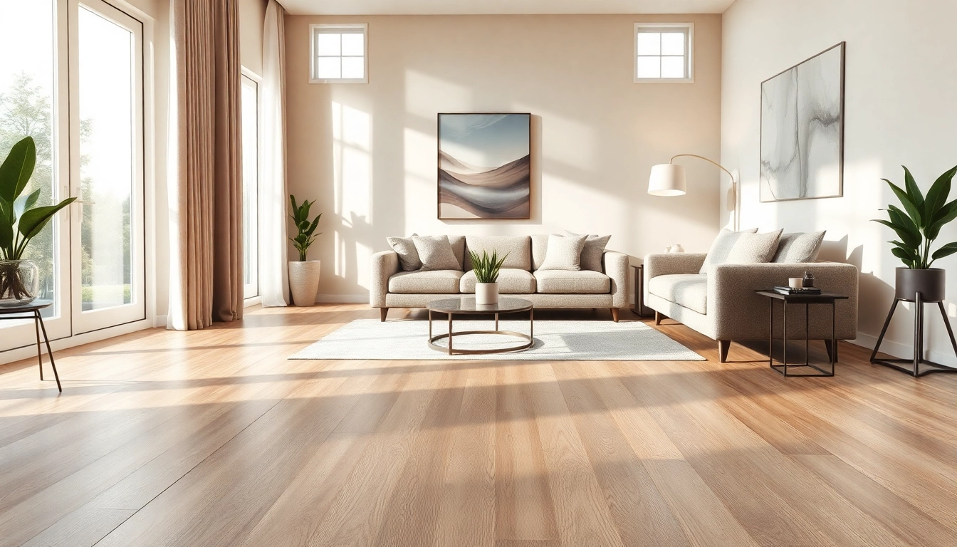 Showcasing vinyl flooring in a luxurious living room with natural light and elegant decor