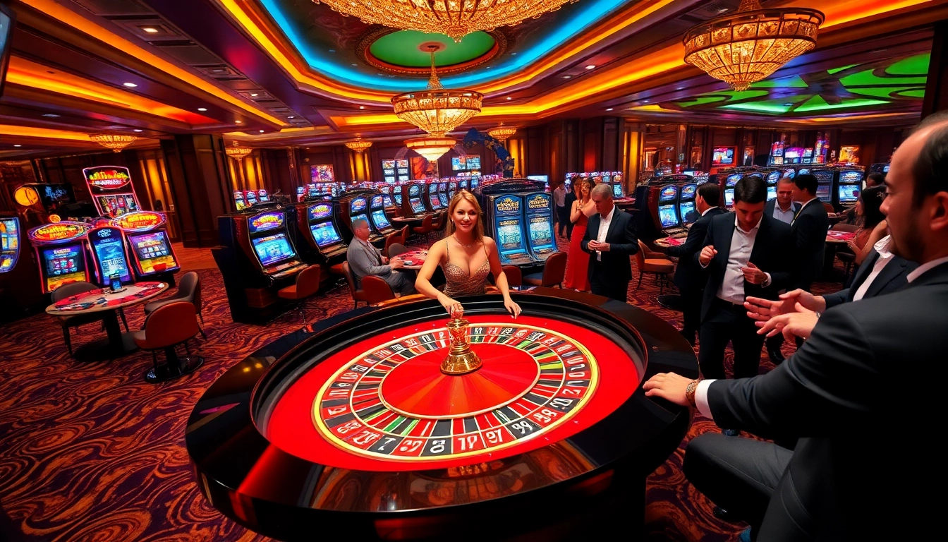 Shbet gaming experience with players enjoying a roulette table and vibrant slot machines.