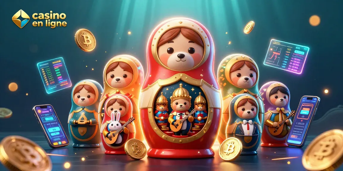 Jouer dans un casino en ligne avec des personnages amusants de la matriochka et des éléments de crypto.
