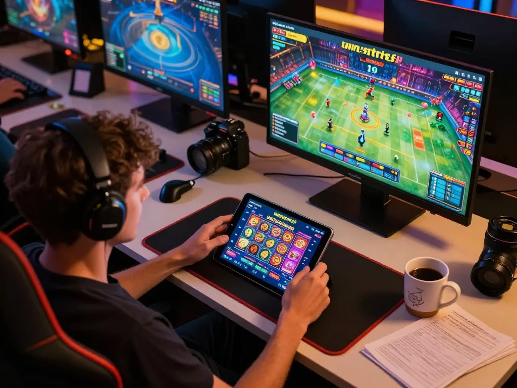 Engaging moment playing winstrike69 on a tablet, showcasing online casino gameplay.