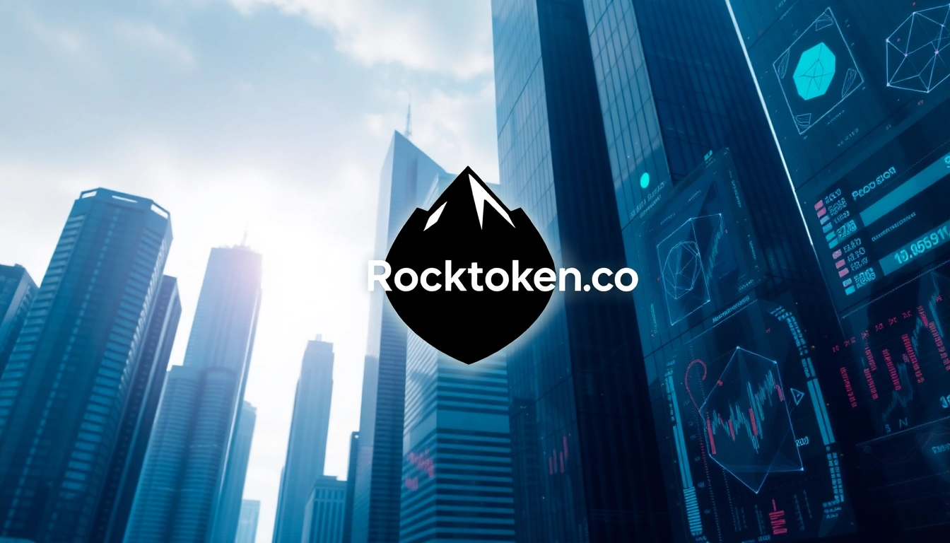 Showcasing the Rocktoken.com logo surrounded by a vibrant futuristic city, symbolizing digital currency innovation.
