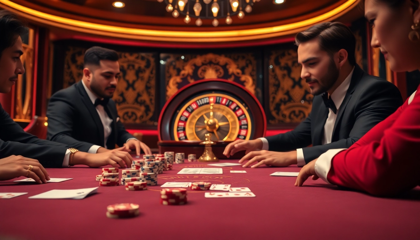 Experience the thrill of KJC COM with players strategizing at a luxury casino table.