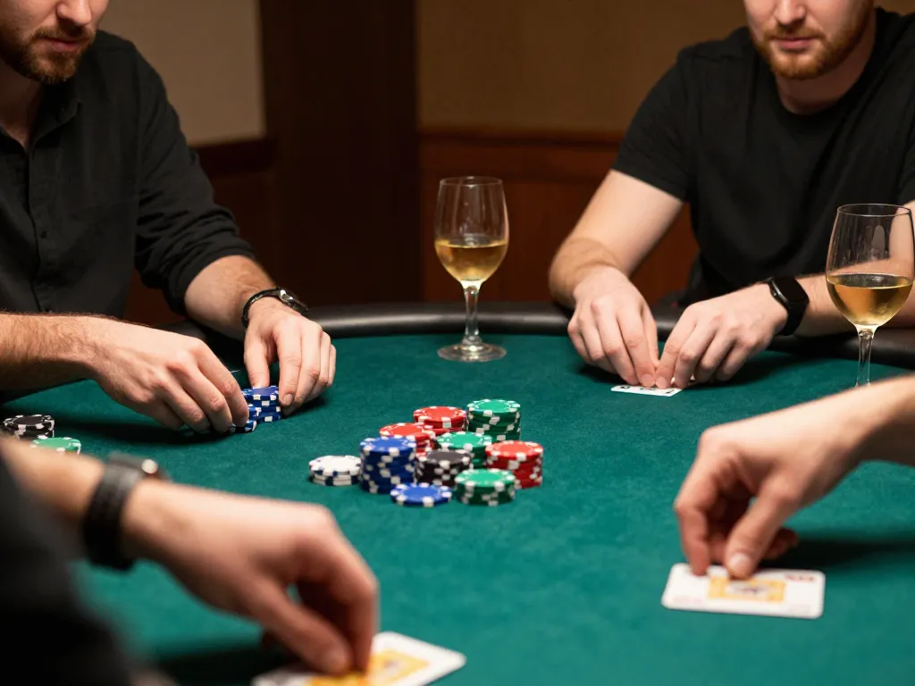 Players strategizing in a friendly poker game at home, highlighting 56win trang chủ.