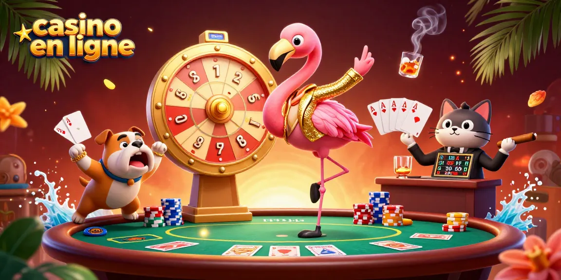 Jeux captivants au casino en ligne avec un flamant rose en hôte, un bulldog enthousiaste et des éléments de poker colorés.