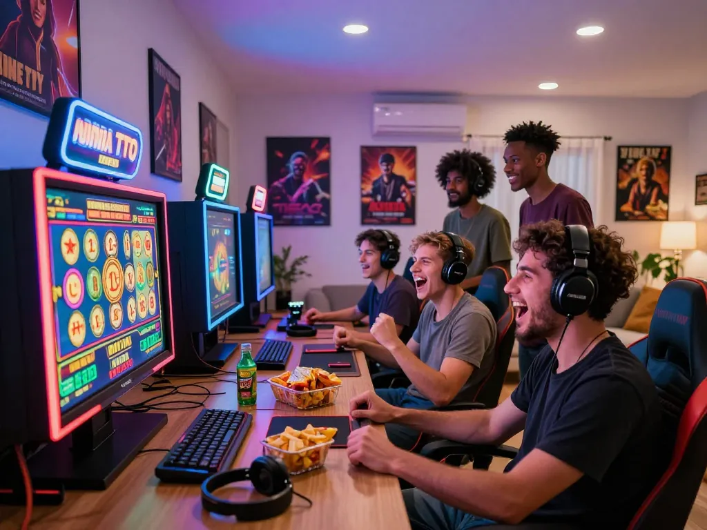 Players enjoying bayitoto Toto slot game together in a vibrant home setting, showcasing excitement and camaraderie.