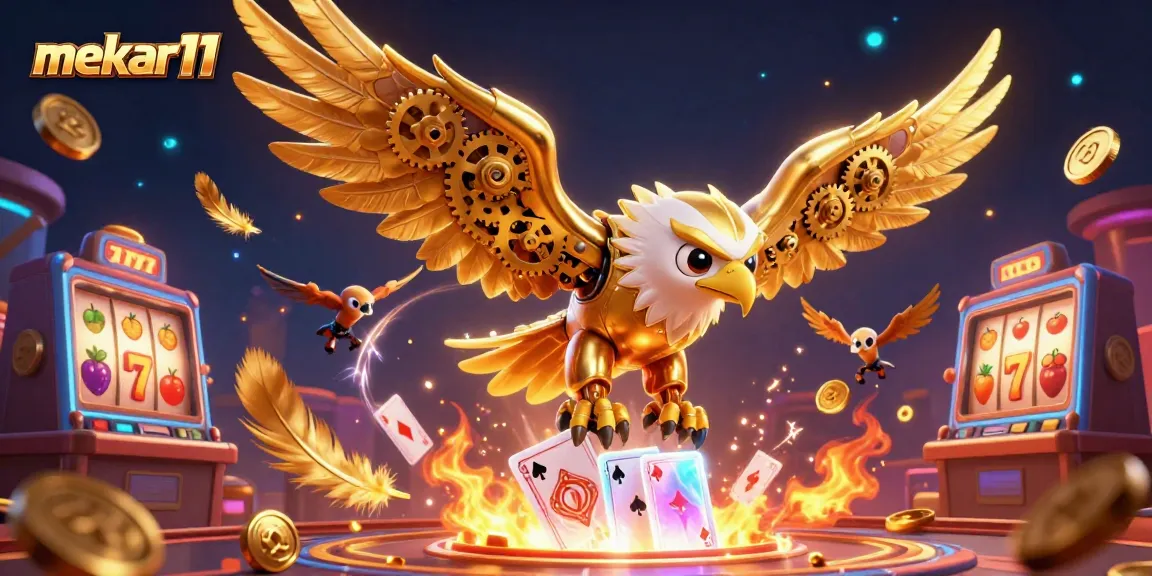 Experience the thrill of mekar11 with a dramatic dive of a cybernetic eagle among holographic playing cards on a vibrant casino floor.