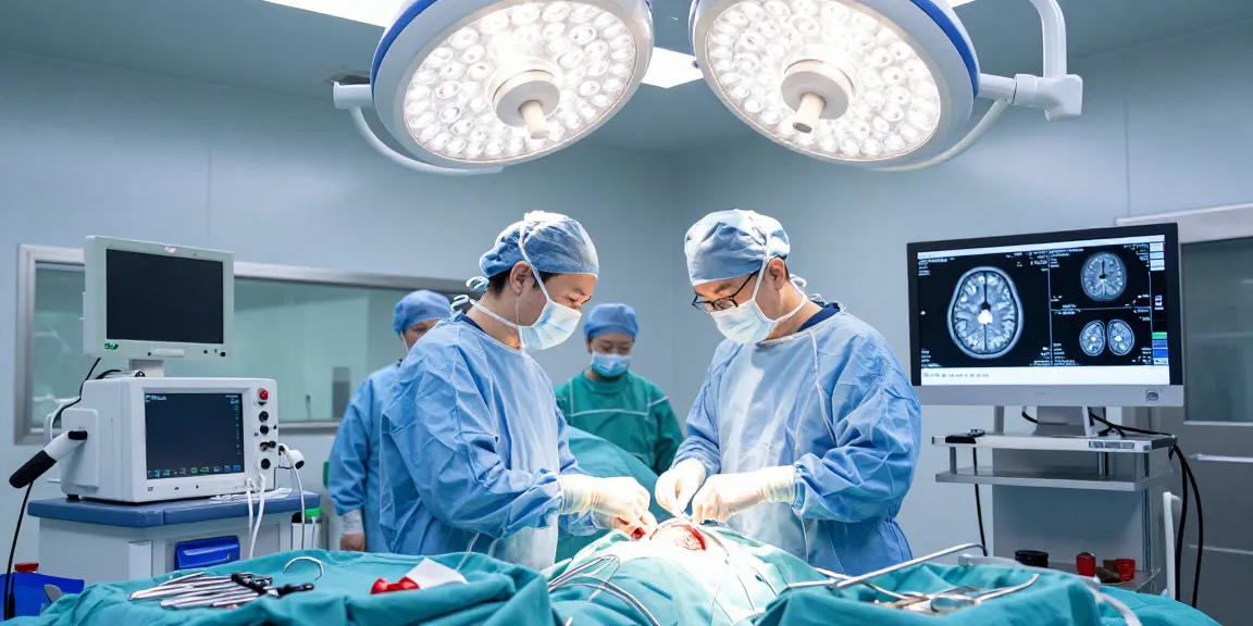 Beyin ameliyatı procedure showcasing a skilled neurosurgeon in a sterile OR, capturing advanced technology and teamwork during surgery.