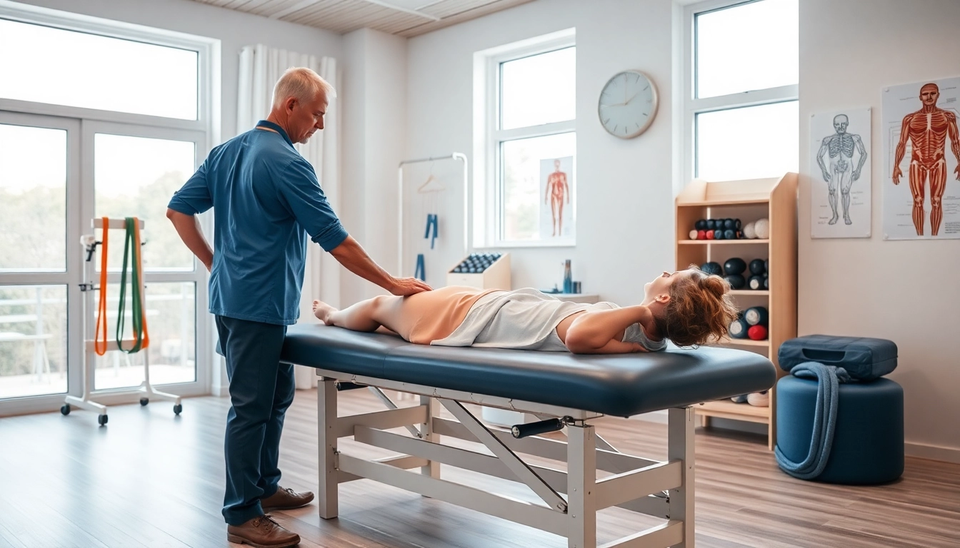 Physiotherapie in einer modernen Klinik mit einem Therapeuten, der einem Patienten hilft.