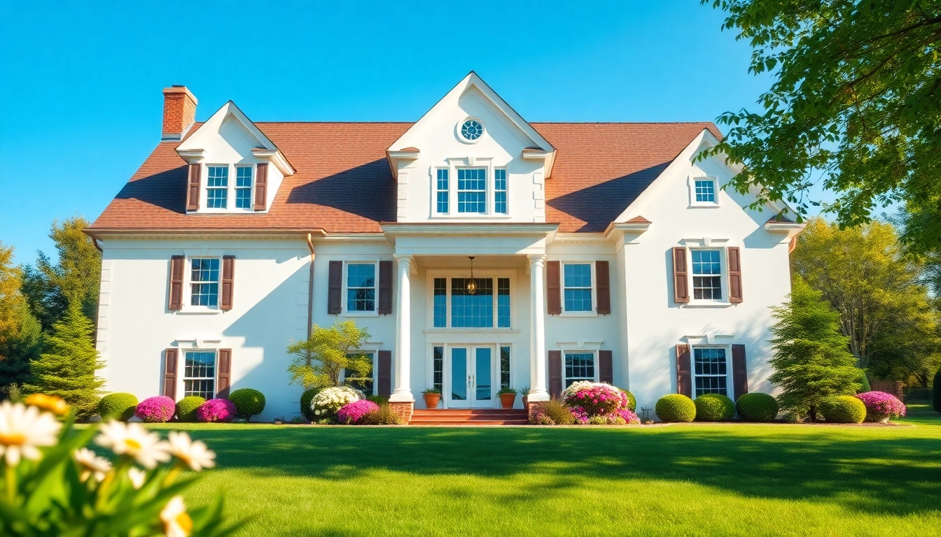 View of a colonial home build demonstrating classic architecture and beautiful landscaping.