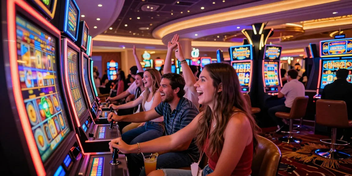 Group enjoying a thrilling slot machine experience in a vibrant casino setting.