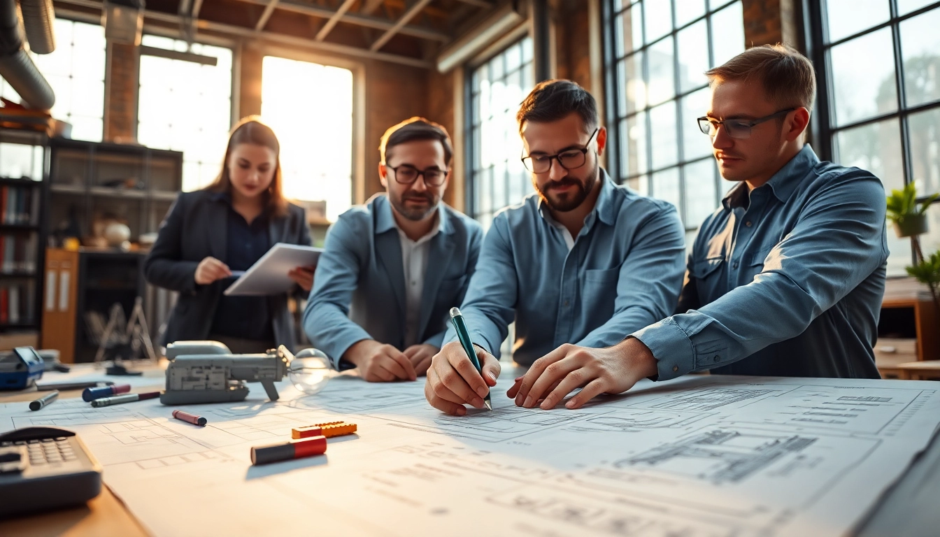 Engineers collaborating on innovative engineering services in a modern workspace.